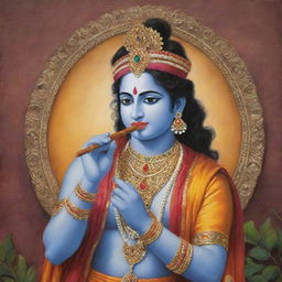 A respectful and traditional representation of Lord Krishna as described in religious texts such as the Gita and Mahabharata, adorned in vibrant clothing and jewelry, playing the flute