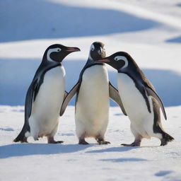 Three cheerful penguins playfully frolicking in the glistening, fresh snow