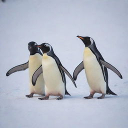 Three cheerful penguins playfully frolicking in the glistening, fresh snow