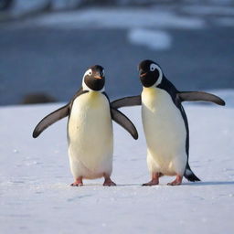 Three cheerful penguins playfully frolicking in the glistening, fresh snow