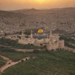 A picturesque view of Palestine, showcasing the intricate architecture, golden sunsets, and lush olive farms.