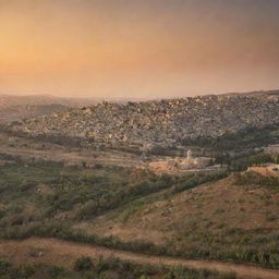 A picturesque view of Palestine, showcasing the intricate architecture, golden sunsets, and lush olive farms.