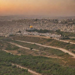 A picturesque view of Palestine, showcasing the intricate architecture, golden sunsets, and lush olive farms.