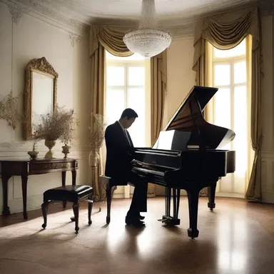 As their eyes met across the room, he slowly removed the dust cover from the piano, revealing his musical talent to her.