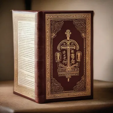 The dust cover of the Bible was beautifully adorned with religious symbols and verses.