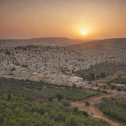 A picturesque view of Palestine, showcasing the intricate architecture, golden sunsets, and lush olive farms.