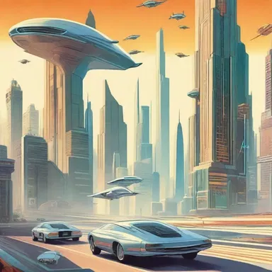 The dust cover of the sci-fi novel depicted a futuristic cityscape with flying cars and advanced technology.