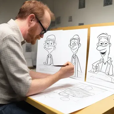 The animator unrolls the characters' sketches to bring them to life.