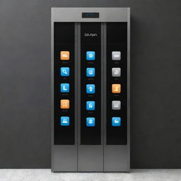 Modern and sleek elevator control panel with touch-sensitive 'Up' and 'Down' buttons. High-resolution display showing the current and selected floors with engaging and responsive animations. Visual progress indicators and a joyful animation when reaching the desired floor.