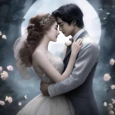 In the moonlit garden, they writhe in each other's arms, lost in a passionate embrace.