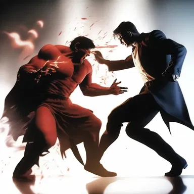 As the protagonist battles against the villain, his body begins to writhe in pain from the powerful attack.