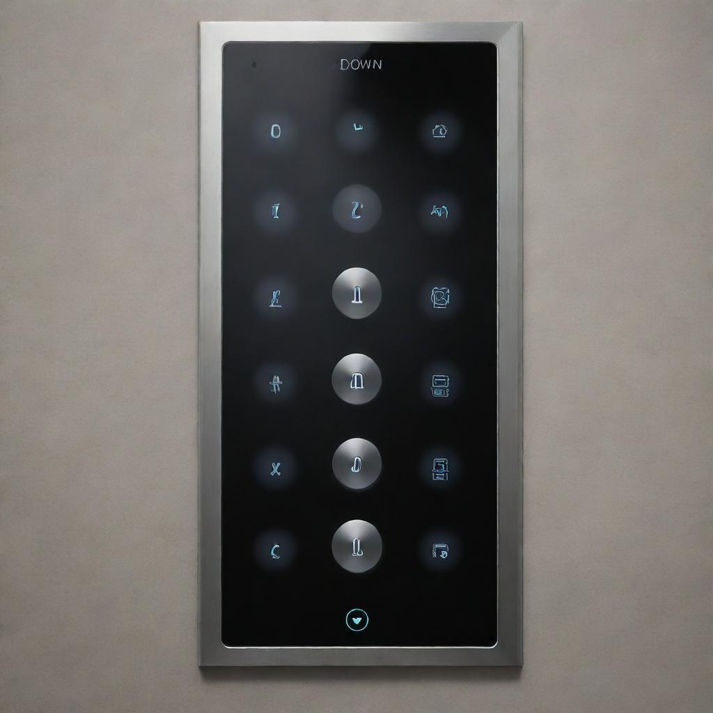 Modern and sleek elevator control panel with touch-sensitive 'Up' and 'Down' buttons. High-resolution display showing the current and selected floors with engaging and responsive animations. Visual progress indicators and a joyful animation when reaching the desired floor.