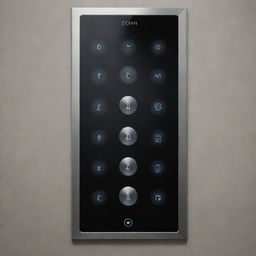 Modern and sleek elevator control panel with touch-sensitive 'Up' and 'Down' buttons. High-resolution display showing the current and selected floors with engaging and responsive animations. Visual progress indicators and a joyful animation when reaching the desired floor.