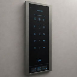 Modern and sleek elevator control panel with touch-sensitive 'Up' and 'Down' buttons. High-resolution display showing the current and selected floors with engaging and responsive animations. Visual progress indicators and a joyful animation when reaching the desired floor.