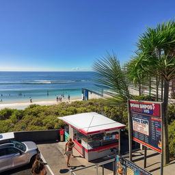 A lively fish and chip shop located in Mooloolaba, Queensland, Australia with a stunning beach view