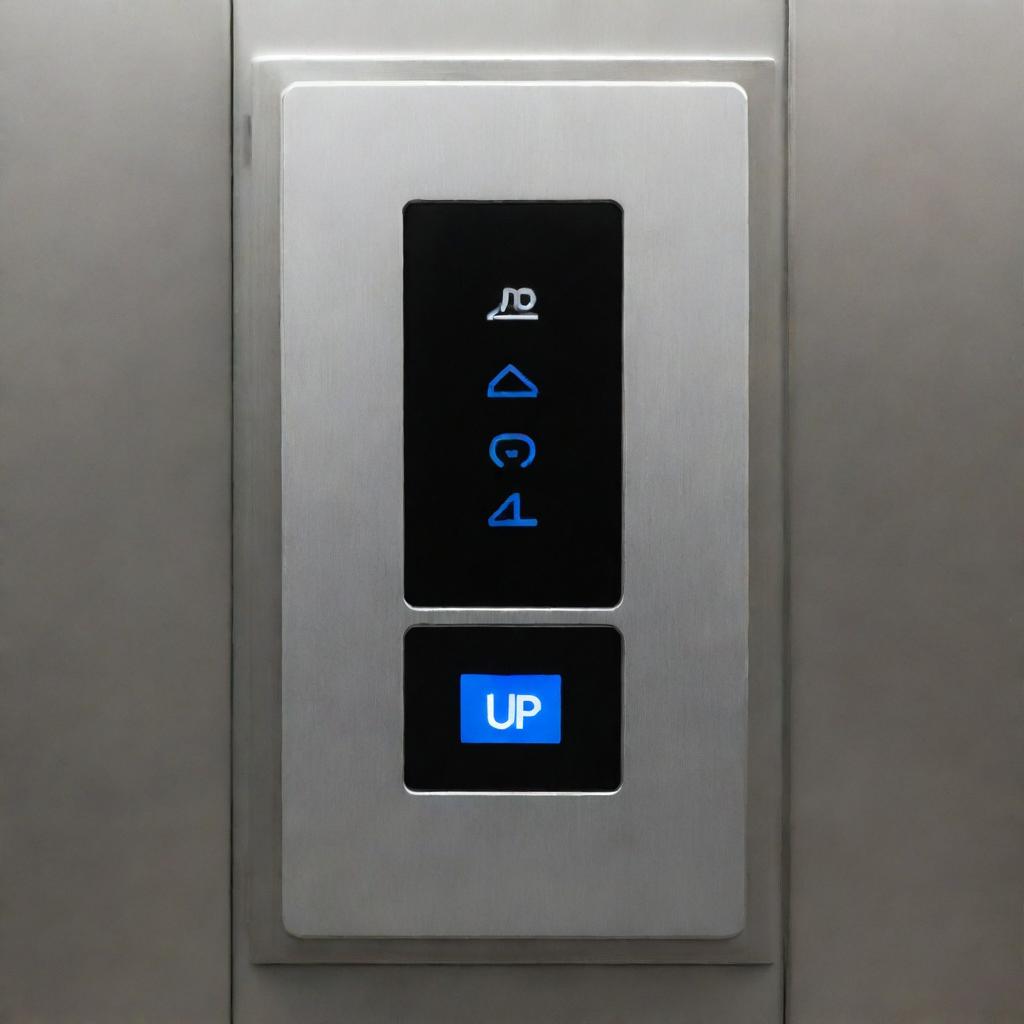 An user-friendly elevator interface featuring two buttons labeled 'Up' and 'Down'. An adjacent screen displays current and selected floors with each button press, aiming for seamless and efficient vertical transportation.