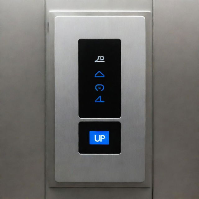 An user-friendly elevator interface featuring two buttons labeled 'Up' and 'Down'. An adjacent screen displays current and selected floors with each button press, aiming for seamless and efficient vertical transportation.