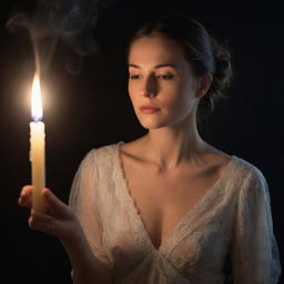 A sophisticated woman respectfully holding a lit candle, with wisps of smoke dancing around her from an unknown source