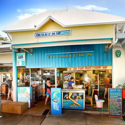 A lively fish and chip shop located in Mooloolaba, Queensland, Australia with a stunning beach view