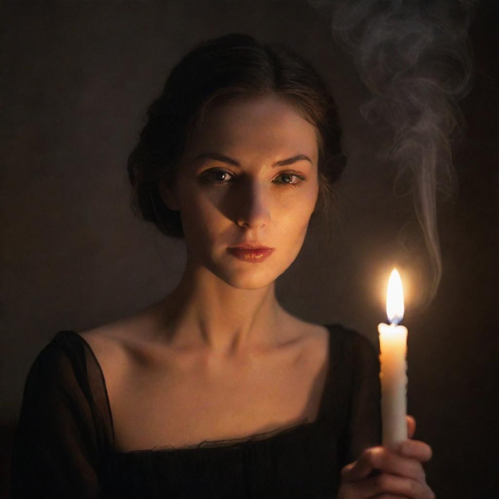 A sophisticated woman respectfully holding a lit candle, with wisps of smoke dancing around her from an unknown source