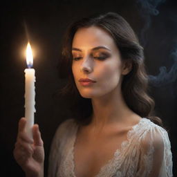 A sophisticated woman respectfully holding a lit candle, with wisps of smoke dancing around her from an unknown source