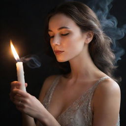 A sophisticated woman respectfully holding a lit candle, with wisps of smoke dancing around her from an unknown source