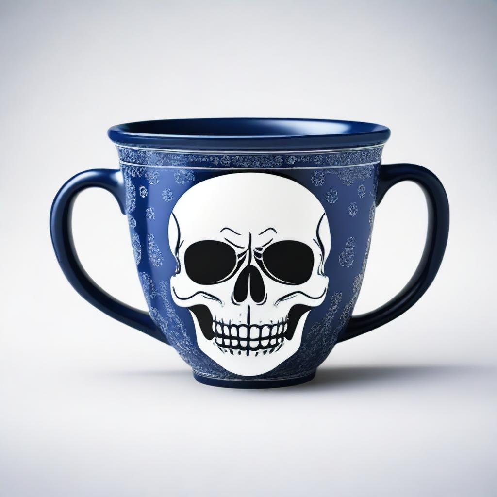 This is a high-quality image of a blue cup, adorned with a pattern of stylized skulls