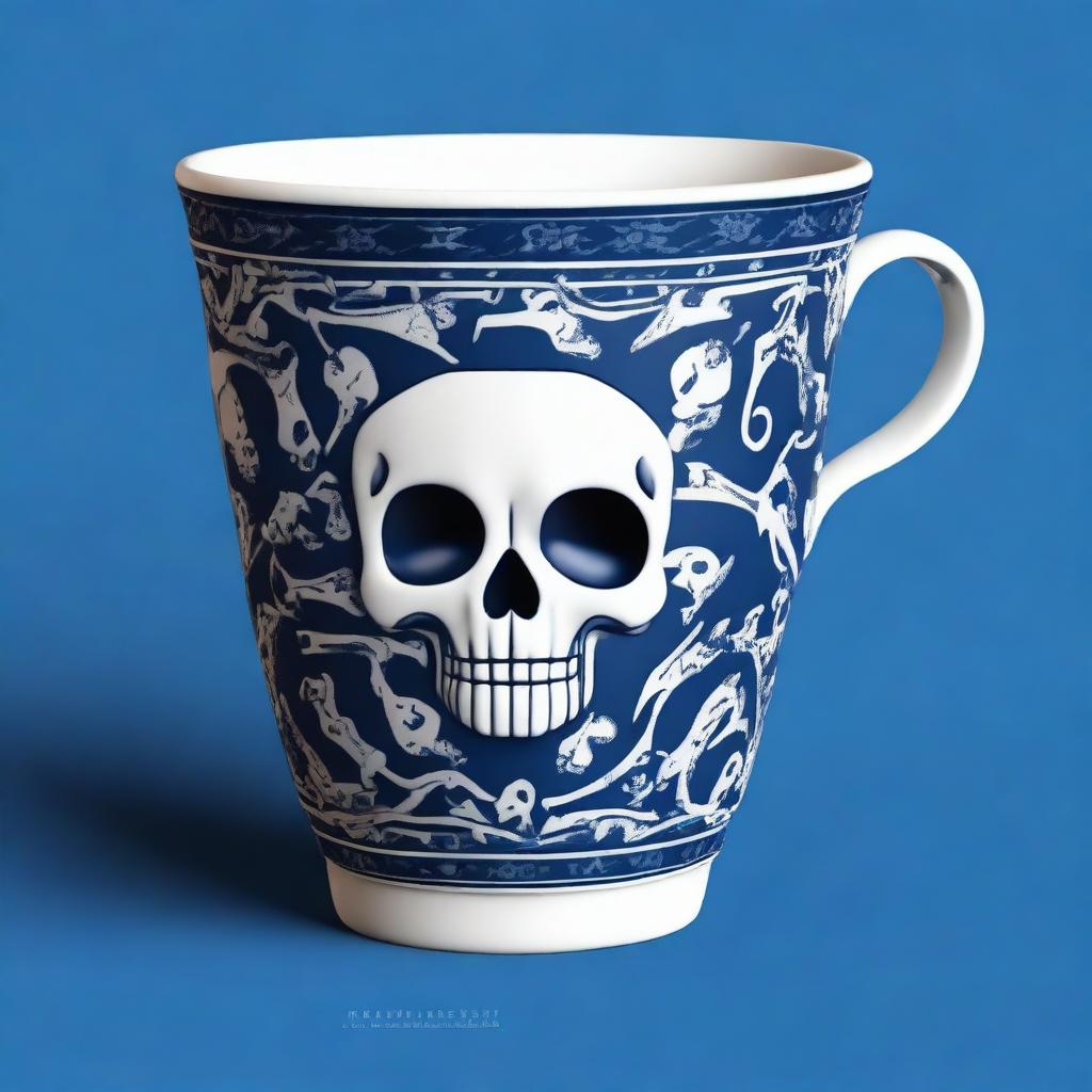 This is a high-quality image of a blue cup, adorned with a pattern of stylized skulls