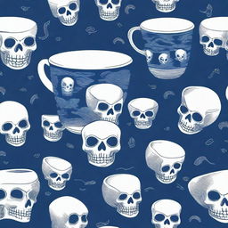 This is a high-quality image of a blue cup, adorned with a pattern of stylized skulls