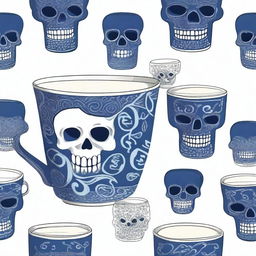 This is a high-quality image of a blue cup, adorned with a pattern of stylized skulls