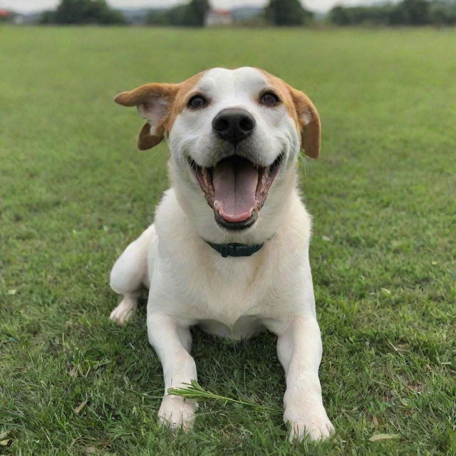 A dog happily munching on green grass in an open field