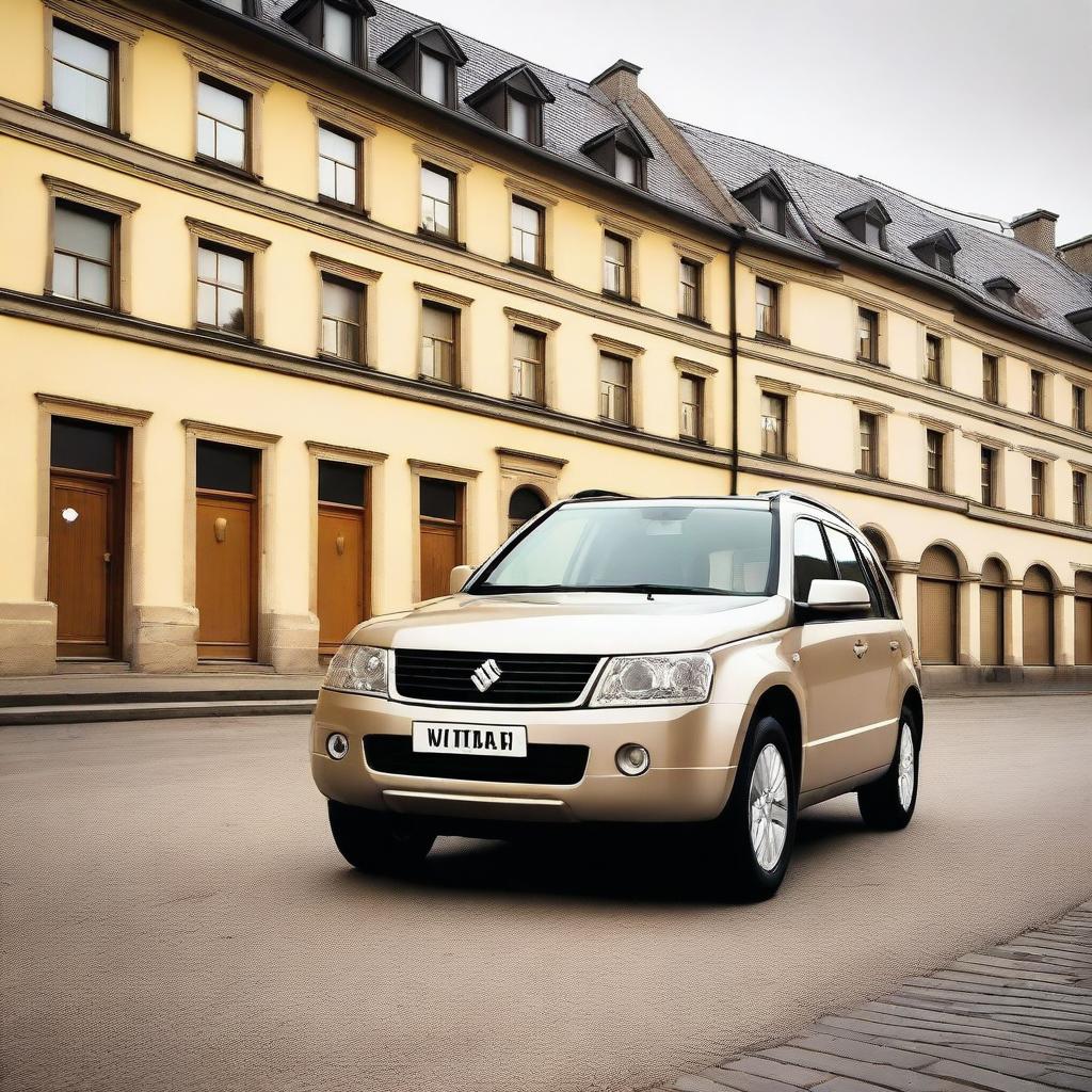 This is a high-quality photograph of a 2009 Suzuki Grand Vitara, painted in a classy beige color