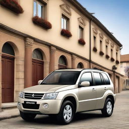 This is a high-quality photograph of a 2009 Suzuki Grand Vitara, painted in a classy beige color