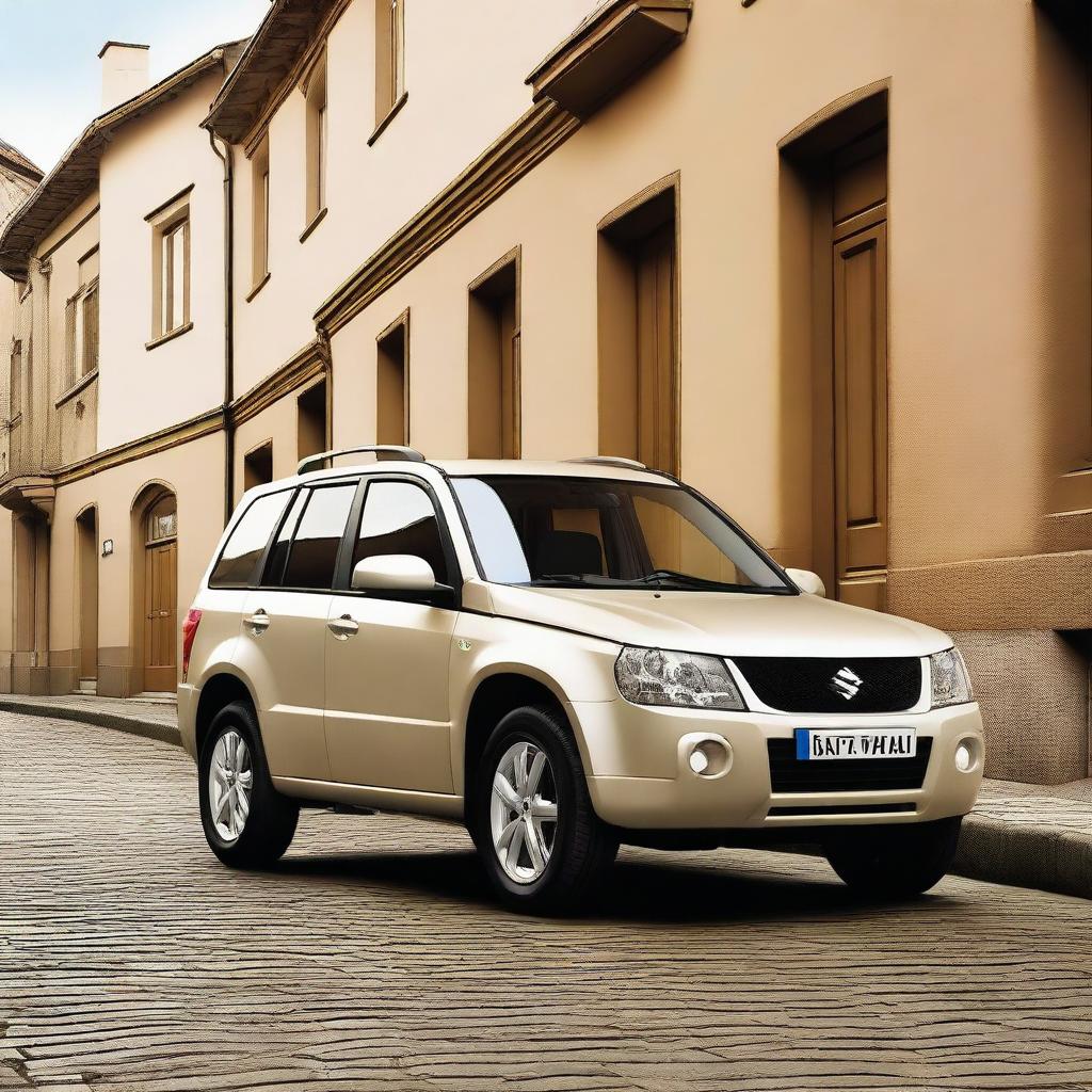 This is a high-quality photograph of a 2009 Suzuki Grand Vitara, painted in a classy beige color