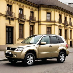 This is a high-quality photograph of a 2009 Suzuki Grand Vitara, painted in a classy beige color