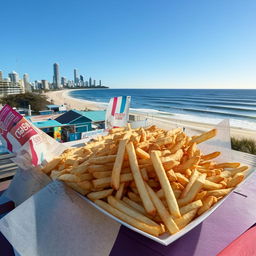 A lively fish and chip shop located in Mooloolaba, Queensland, Australia with a stunning beach view