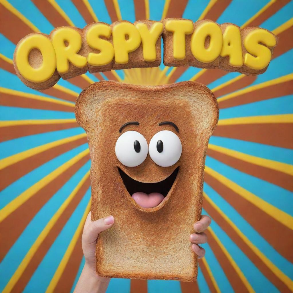 A 3D-style poster/logo with a piece of toast holding up words 'Crispy Banana Toast'. Also present is a crispy, vibrant banana, one of its 'hands' sigining for deliciousness. Additional 3D banana wearing a traditional Jogja Blangkon, all set against a backdrop of bright, dazzling colours and a touch of chocolate.