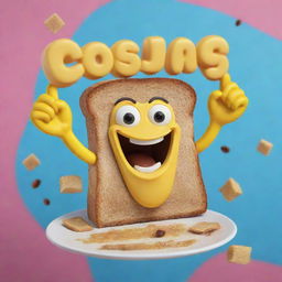 A 3D-style poster/logo with a piece of toast holding up words 'Crispy Banana Toast'. Also present is a crispy, vibrant banana, one of its 'hands' sigining for deliciousness. Additional 3D banana wearing a traditional Jogja Blangkon, all set against a backdrop of bright, dazzling colours and a touch of chocolate.