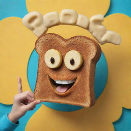 A 3D-style poster/logo with a piece of toast holding up words 'Crispy Banana Toast'. Also present is a crispy, vibrant banana, one of its 'hands' sigining for deliciousness. Additional 3D banana wearing a traditional Jogja Blangkon, all set against a backdrop of bright, dazzling colours and a touch of chocolate.