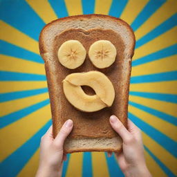 A 3D-style poster/logo with a piece of toast holding up words 'Crispy Banana Toast'. Also present is a crispy, vibrant banana, one of its 'hands' sigining for deliciousness. Additional 3D banana wearing a traditional Jogja Blangkon, all set against a backdrop of bright, dazzling colours and a touch of chocolate.