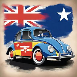 This is a high-quality digital art of a 1954 Volkswagen Beetle, painted with the vibrant colors and distinctive pattern of the Cambodian flag