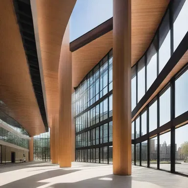 The multiplex design of the building incorporated various elements like glass, steel, and wood.