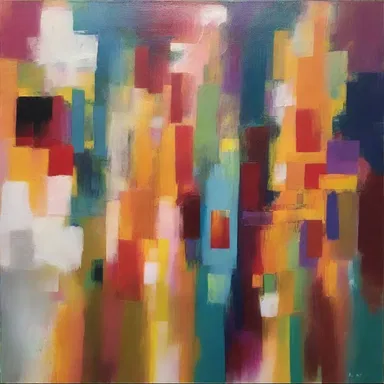 The artist's painting is a multiplex of colors and textures, creating a visually captivating piece.