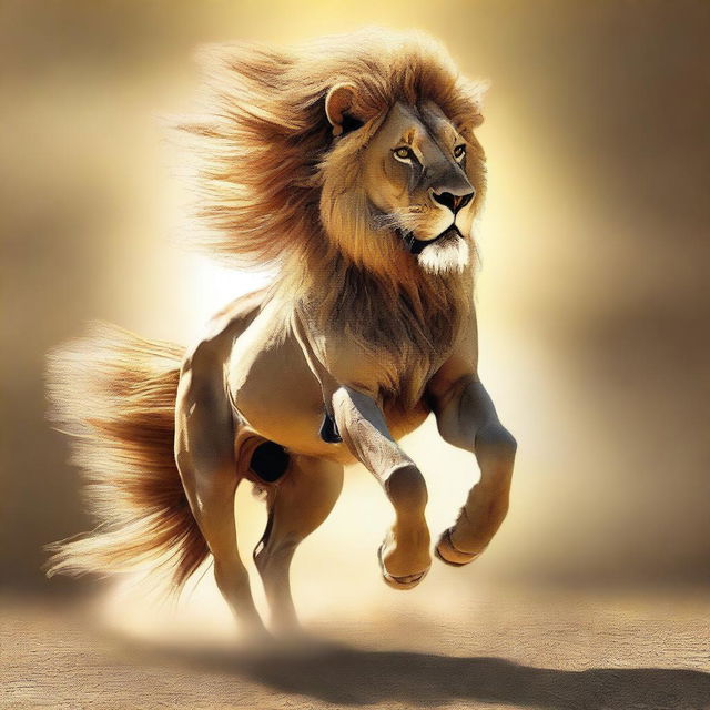 A high-quality digital art piece featuring a majestic lion riding a gallant horse