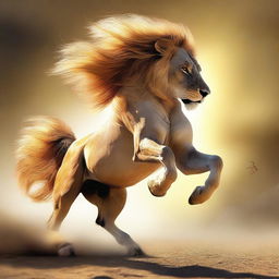 A high-quality digital art piece featuring a majestic lion riding a gallant horse