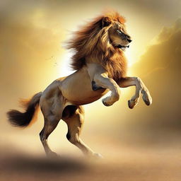 A high-quality digital art piece featuring a majestic lion riding a gallant horse