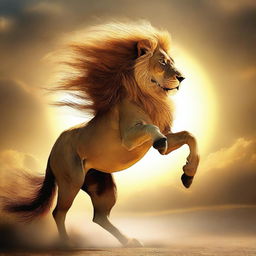 A high-quality digital art piece featuring a majestic lion riding a gallant horse