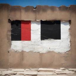 A high-quality photograph showcases the flag of Yemen, its vibrant red, white, and black stripes vividly painted on a textured concrete wall in Sana'a