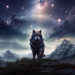 A majestic wolf situated within a magical, fantasy setting with a mystical aura, vast landscapes, and celestial bodies.