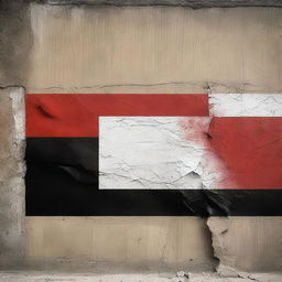 A high-quality photograph showcases the flag of Yemen, its vibrant red, white, and black stripes vividly painted on a textured concrete wall in Sana'a